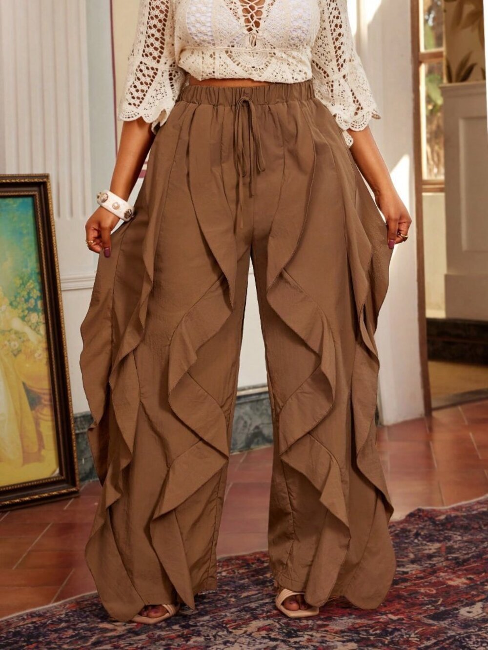 Brown Casual Women's Plus Size Ruffle Hem Pants - Picture 4 of 7